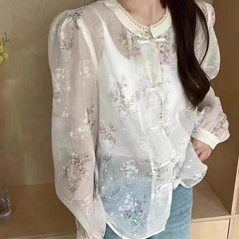 New Chinese Style Gentle National Style Floral Spliced lace Round Neck Long Sleeve Top Sun Protection Retro National Style