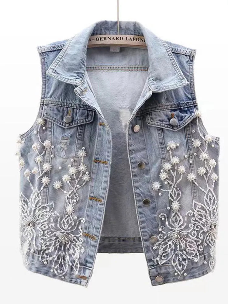 Fashion Lace Beaded Denim Vest Women Cardigan 2025 New Spring Sleeveless Jacket Fashion Loose Vintage Jean Waistcoat Tide R359