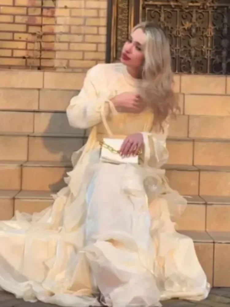 Shinny Ruffles Hem Maxi Dress A Line Long Sleeve Slim Fit Party Long Robes Lace Up Luxury Club Vestido 2025 Lady Summer Dresses