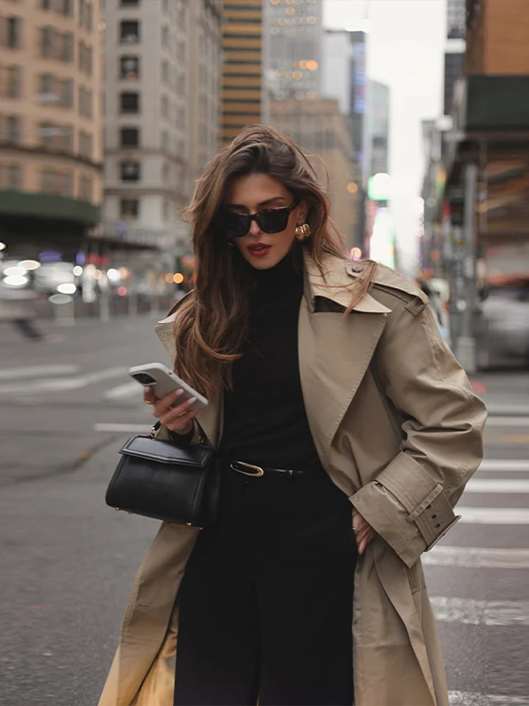 Korean Fashion Trench Coat For Women Lapel Single Breasted Long Sleeve Belt Long Coat Female Clothing 2025 New