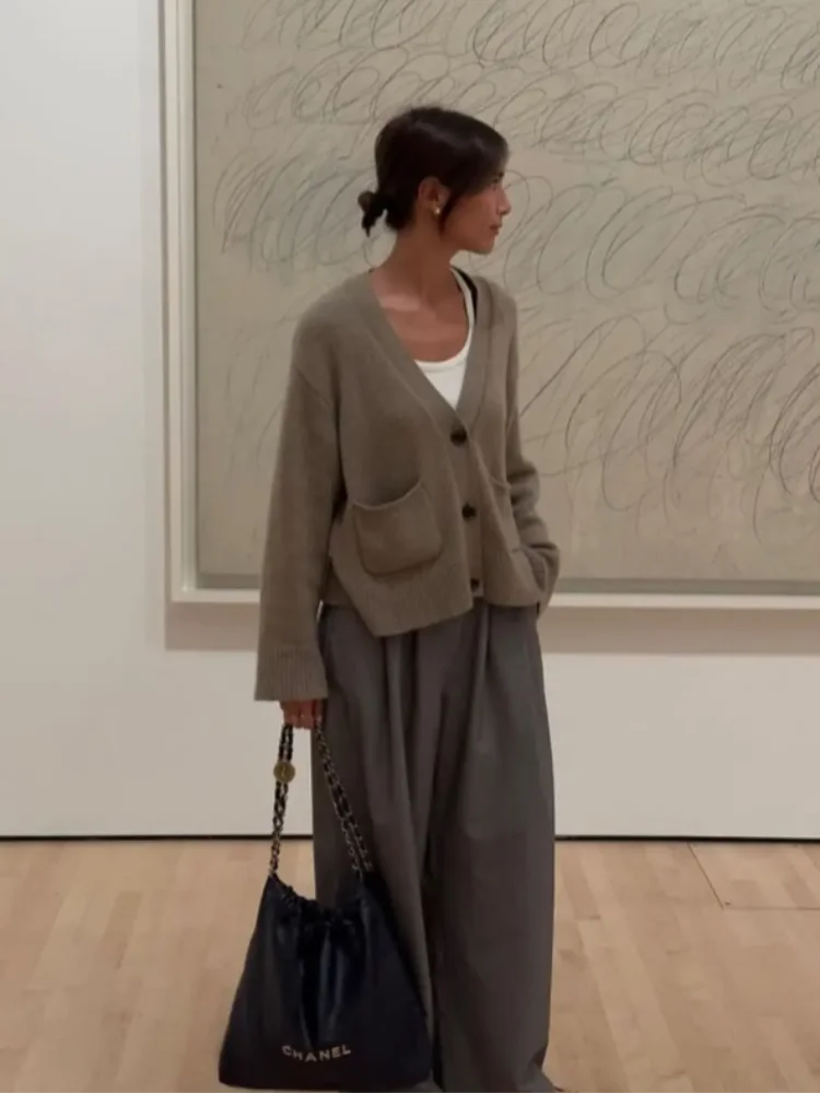 Vintage Knit Cardigan Women Casual Loose Big Sleeves V Neck Pockets Sweater Female 2025 Autumn Winter Solid Fashion Knitwears