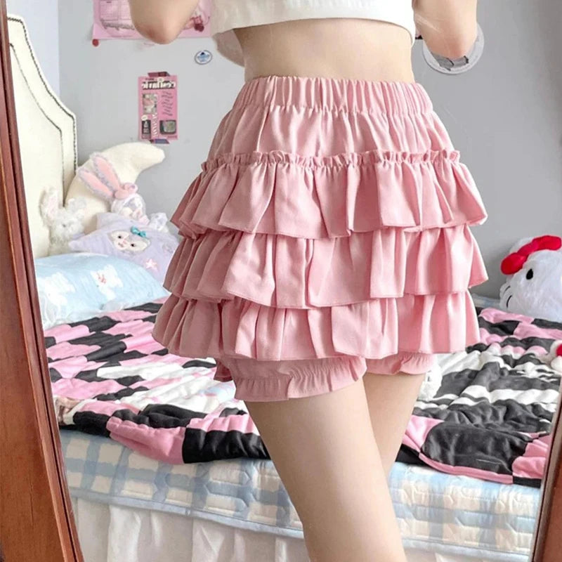 Y2K Sweet Ruffles Mini Skirt Women Kawaii Lolita Bow A Line Skirts Harajuku Japanese High Waist Pink White Ball Gown Skirt