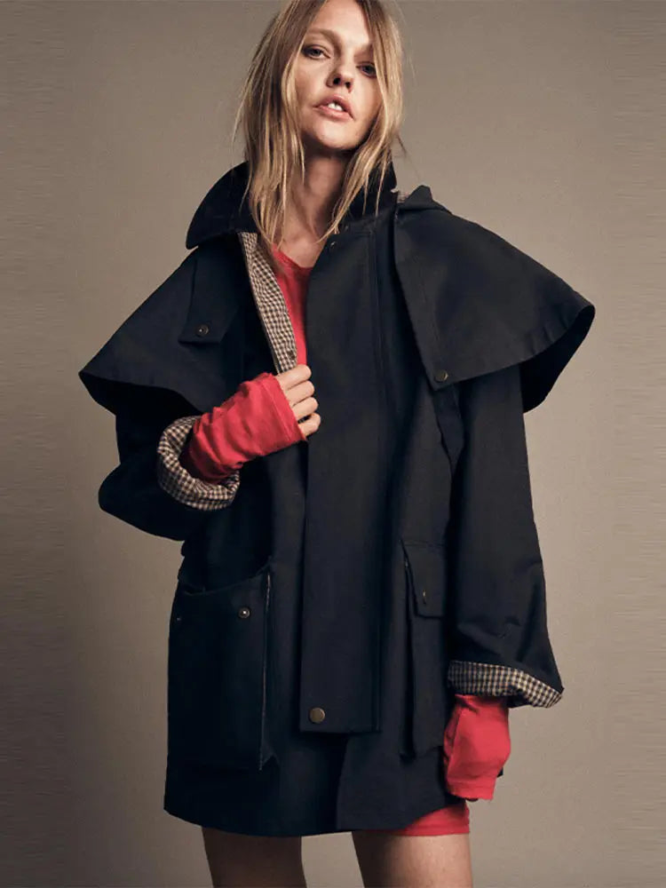 Women's Casual Cloak Short Jackets Solid Fashion Design Sense Style Detachable Hat Coats 2025 New Lady Autumn Streetwear