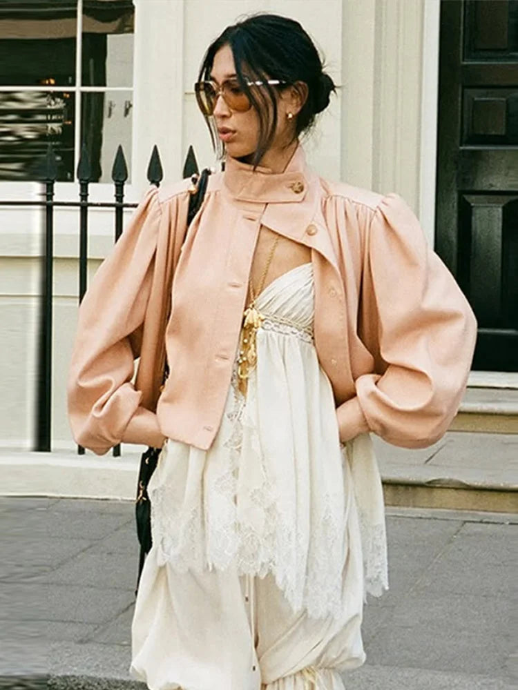 Casual Short Jackets Women Lantern Sleeve Loose Stand Collar Single Breasted Solid Coats 2025 Autumn Chic Street Outwears Lady