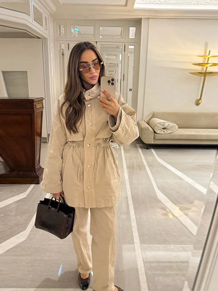 Fashion Women Single Breasted Windbreaker Drawstring Design Stand Collar Lady Solid Color Trench Coat Top 2025 Autumn