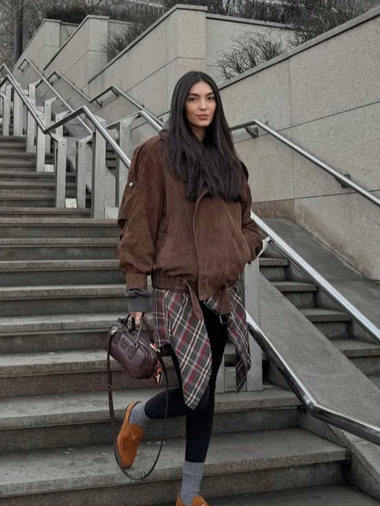 Vintage Lapel Solid Zipper Short Jacket Women Fashion Suede Cropped Casual Long Sleeve Coat  Woman New Commuter Outerwears