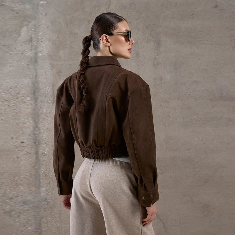 Casual Solid Zipper Cropped Suede Jacket Women Chic Lapel Full Sleeve Pocket Loose Coat Autumn Lady Highstreet Commute Outwear