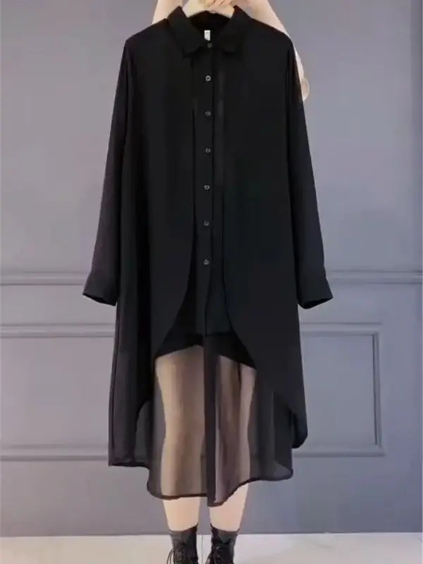 Large Size Women's Lapel Chiffon Dress for Women Mid-length Spring Fashion New Waist Long Sleeve Shirt Skirt