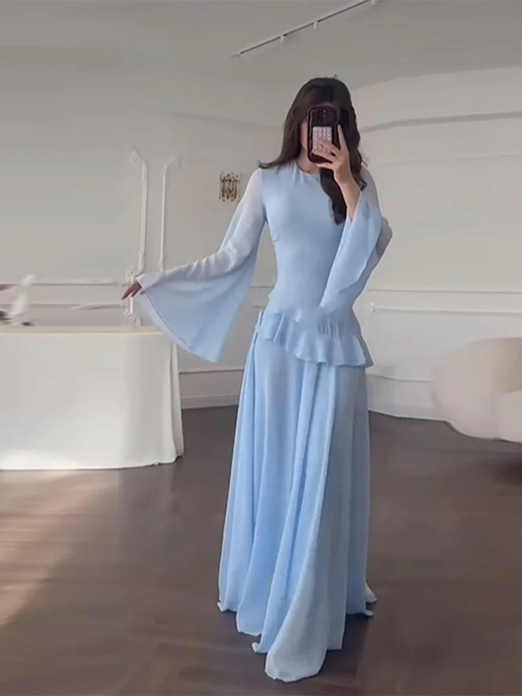 Chiffon Asymmetric Ruffle Bell Sleeve Dress Waist High Neck Airy 2025 Summer Elegant Women Maxi Vestidos Holiday Party Lady Robe