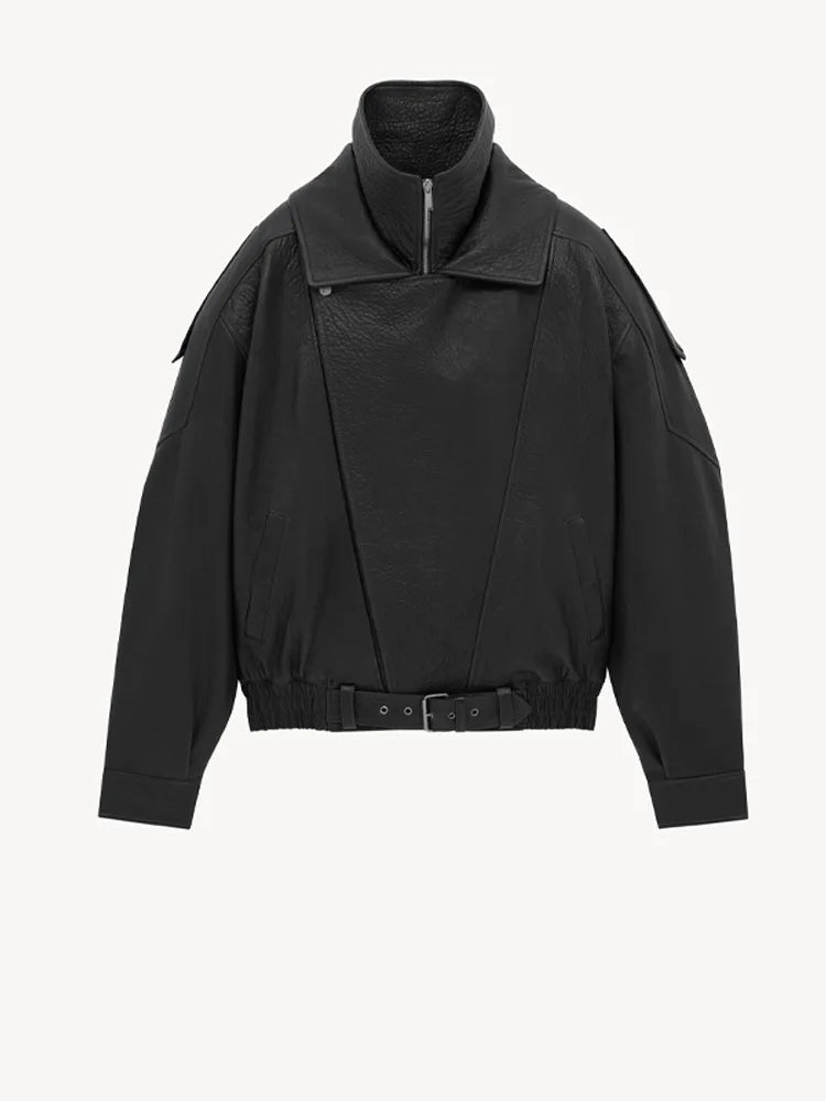 Women Fashion Stand Collar Jacket Long Sleeve Casual Short Waist-Cinching Leather Coat 2025 New Female Autumn Streetwears