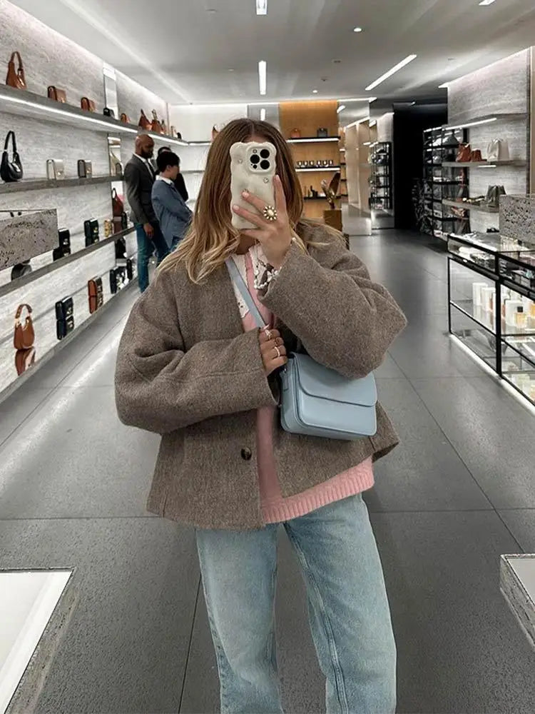 Elegant Straight Cut Wool Jackets Women Fashion V Neck Single Breasted Short Coat 2025 Autumn Chic Lady Office Street Outerwear