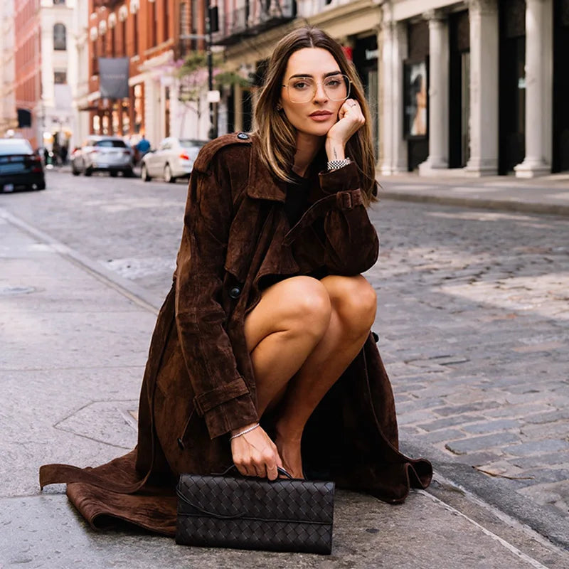 Autumn Retro Suede Dark Brown Lace Up Overcoat Women Casual Simple Elegant Long Coats 2025 New Fashion Female Streetwear