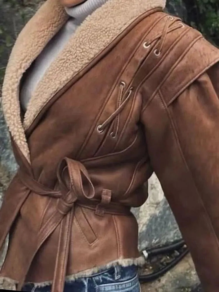 European And American Style New Women Clothing Fashion Retro Suede Leather Jacket Lace-up Coat With Belt Short Top