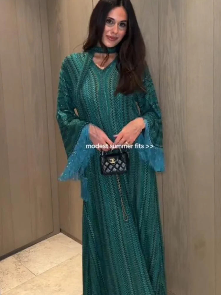 Elegant Tassel Printed Long Dress Women Loose V-neck Full Sleeve Scarf Gowns Female 2025 Summer Lady Beach Vacation Robes New