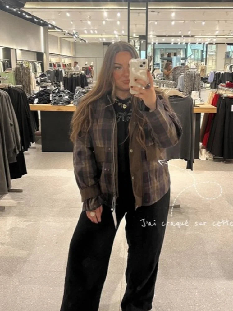 Casual Plaid Patchwork Women Jacket Full Sleeve Zipper Pocket Female Coat 2024 Autumn Lapel Single Breasted Lady Streetwear
