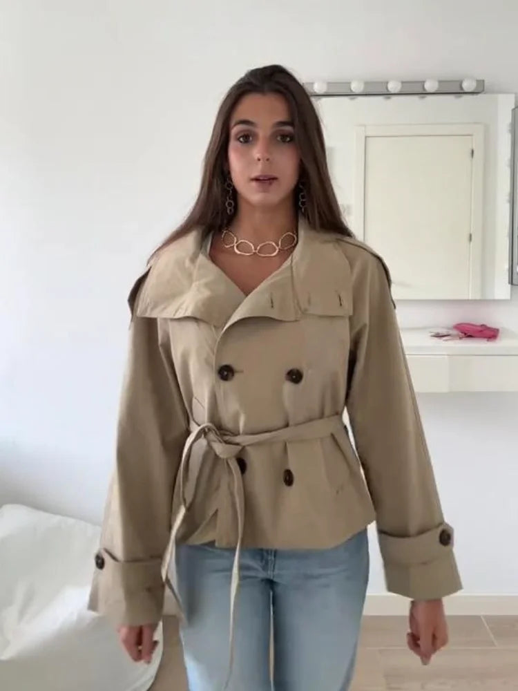Women's Chic Double-breasted Stand Collar Belted Waist Cropped Trench Coat Shoulder Epaulets 2025 Autumn Casual Street Outerwear