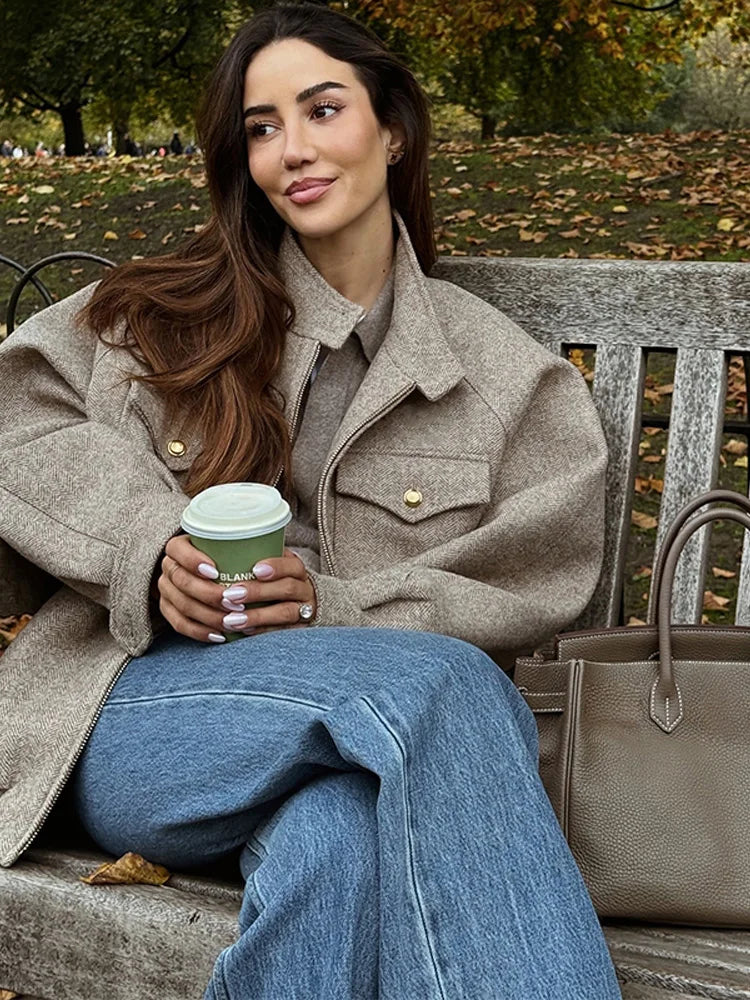 Autumn Solid Women's Bouclé Jacket Coat Long Sleeve Pockets Zipper Polo Collar Jacket Women's Short Top Coat Y2k