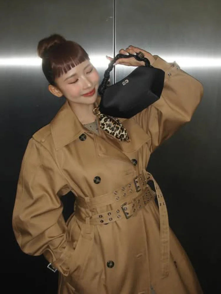 Vintage Long Sleeve Trench Coat Women Fashion Turn-down Collar Solid Double Breasted Jacket With Belt 2025 Autumn Windbreaker