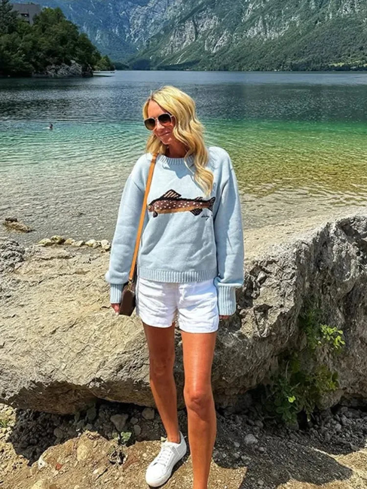 Women Vintage Sweater Casual Pullovers Autumn Winter Basics Knitted Korean Loose Fish Embroidery O-neck Long Sleeve Sweaters