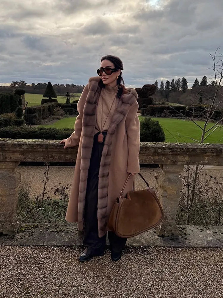 2025 New Fashion Winter Fur Collar Cashmere Wool Jacket Women Belted Over The Knee Long Fur Woolen Blends Coat