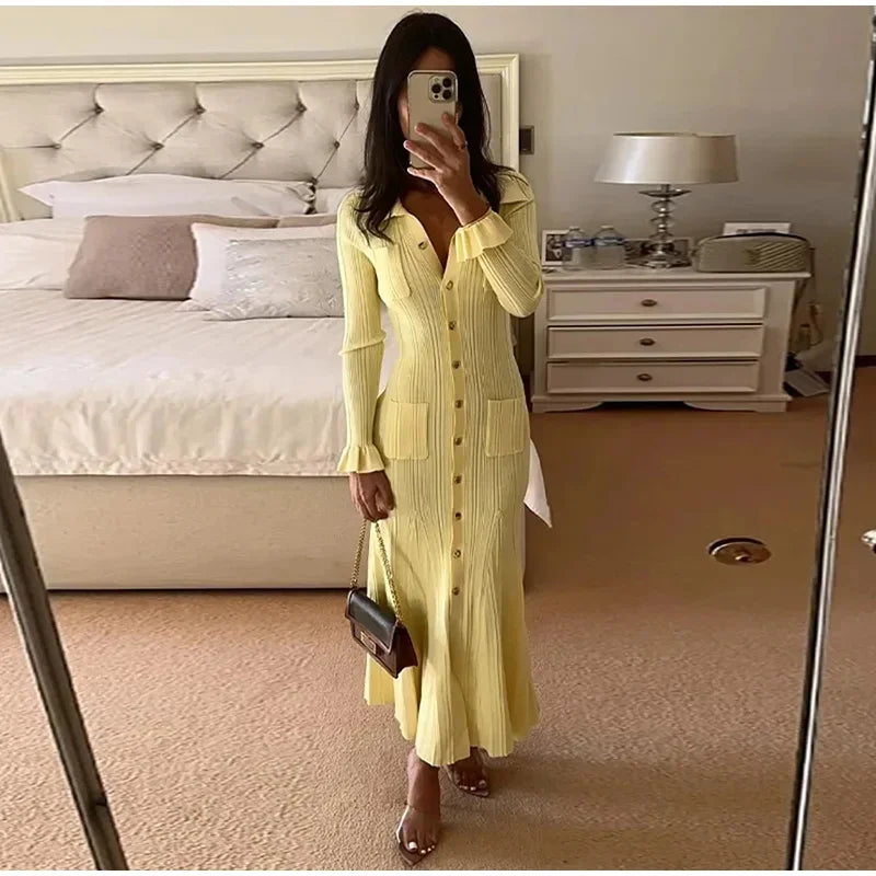 Elegant Knit Ribbed Single Breasted Long Dress Women Slim Lapel Flare Sleeve Pockets Female Dresses Autumn Lady Solid Robes