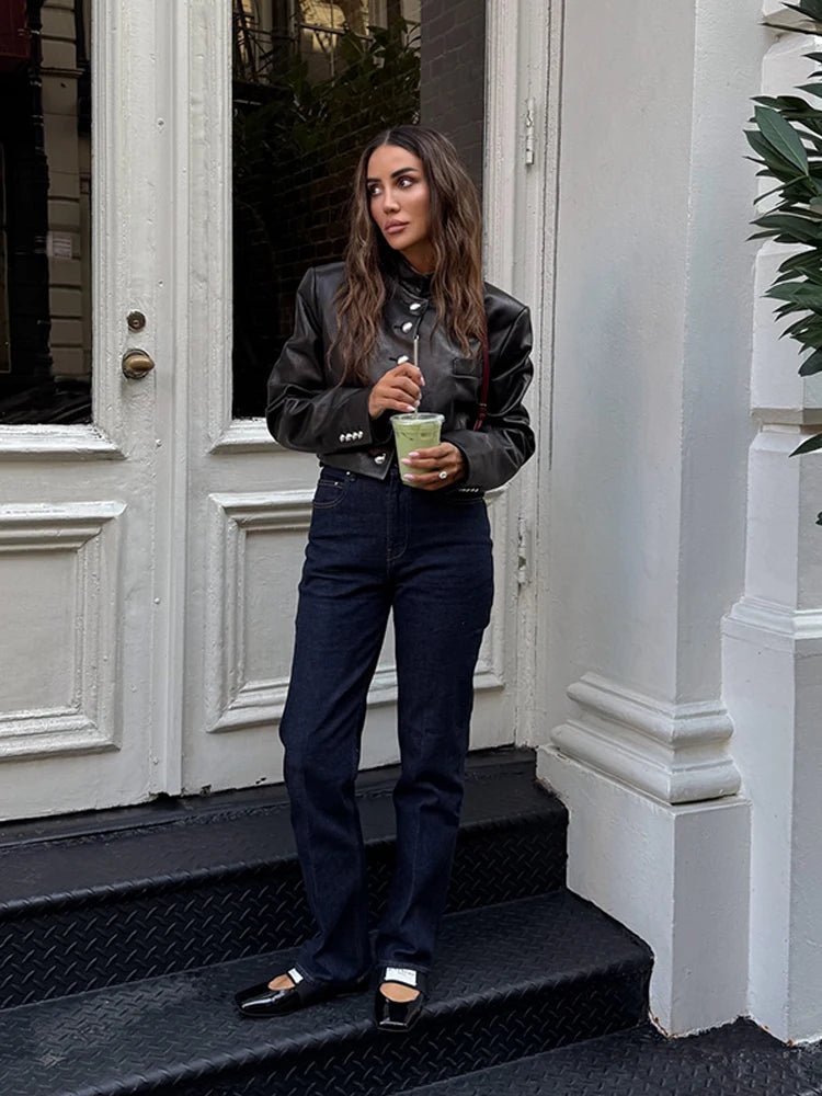 Retro Motorcycle Short Jackets For Women 2025 Spring And Autumn Design Round Neck Fashionable Short Leather Jacket