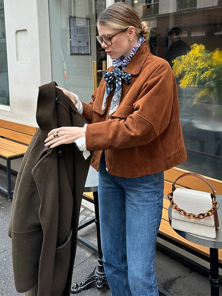 Vintage Brown Suede Women's Jacket Turn Down Collar Long Sleeve Single Breasted Female Pocket Coats 2025 Autumn Ladies Outwear