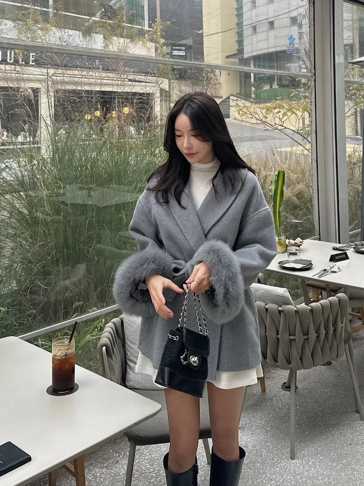 Fox Fur Woolen Coats Women's Short Coats Office Lady Removable Elegant Double-sided Wool Overcoat 2025 New Cardigan Jacket
