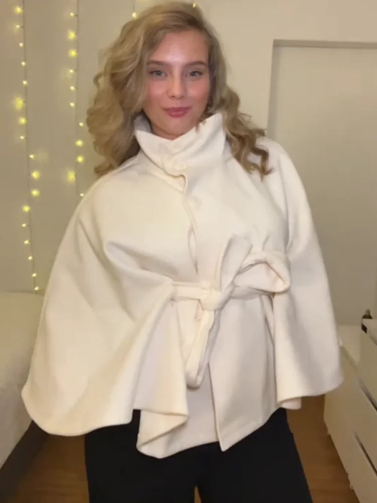 Fashion Women's Lace Up Woolen Cape Coat Loose Stand Collar Batwing Sleeve Button Black Gray Jacket 2025 Autumn Streetwear