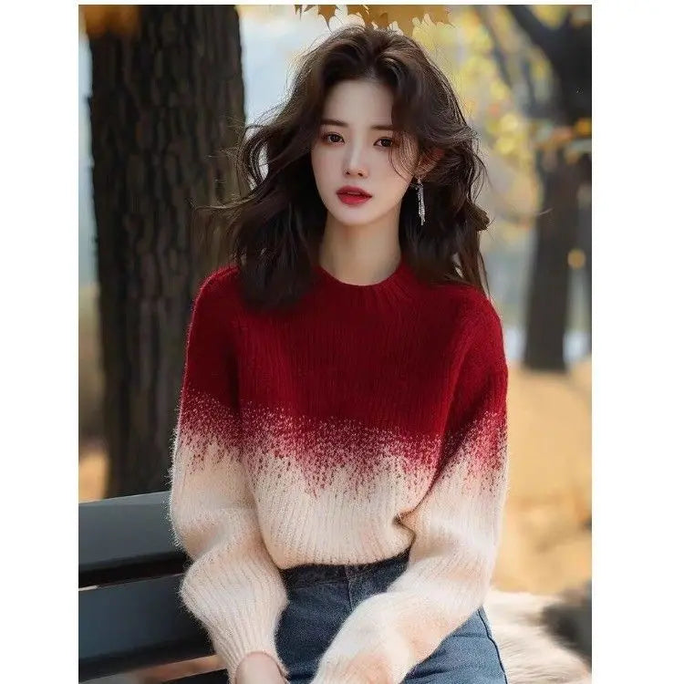 Ankela Red Apricot Gradient Round Neck Sweater Women's 2024 New Winter Knitted Sweater Unique and Super Beautiful Top