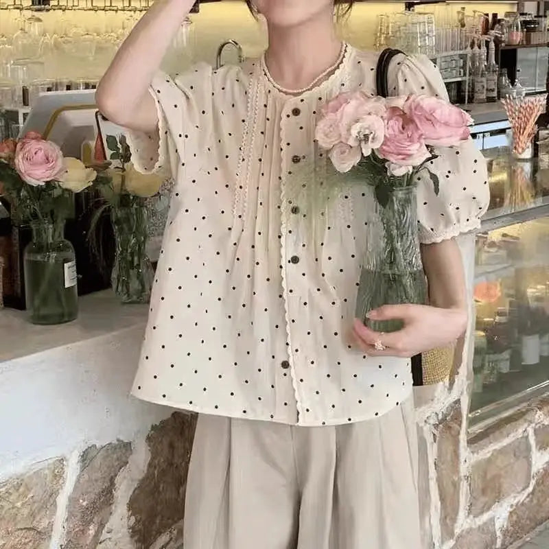 Korean Age-reducing Lace Polka Dot Shirt for Women in Summer New High-end Puff Sleeves Single-breasted Shirt