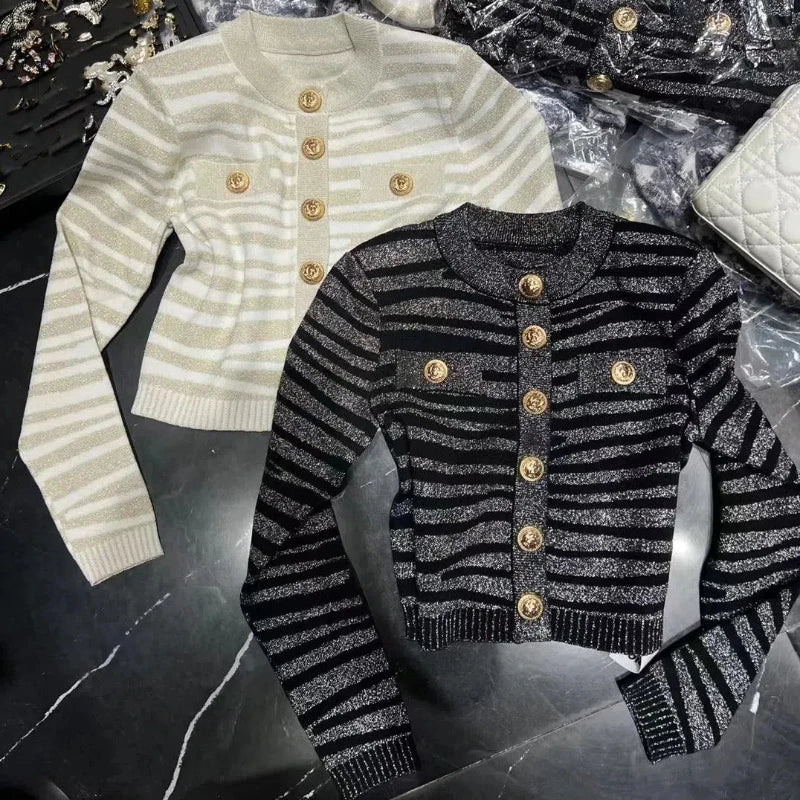 New Autumn Style Xiaoxiangfeng Socialite Zebra Pattern Gold Button Long-sleeved Sweater Women's Round Neck Fashionable Cardigan