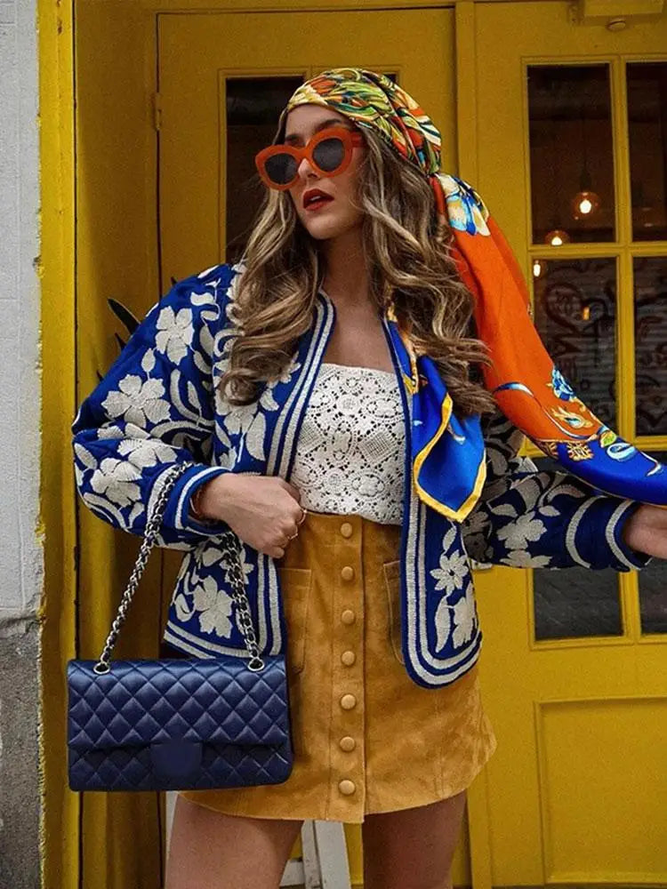 Women'S Retro Open Front Printed Embroidered Jacket Lightweight Casual Long Sleeved Autumn Street Fashion Cardigan