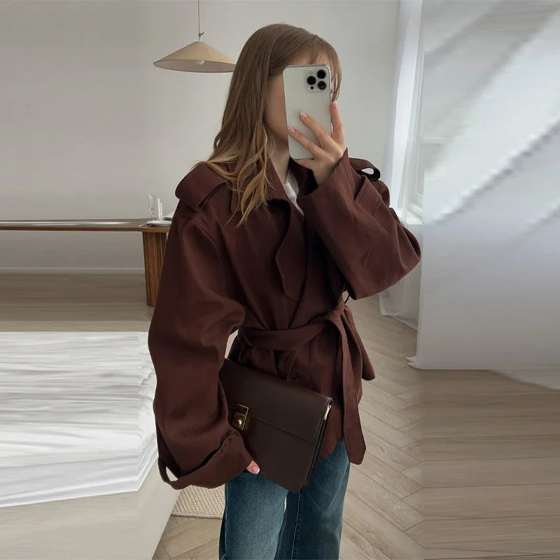 Casual Solid Lace Up Trench Coats Women's Elegant Loose Lapel Full Sleeves Belt Jacket 2025 Autumn New Lady Street Outerwears