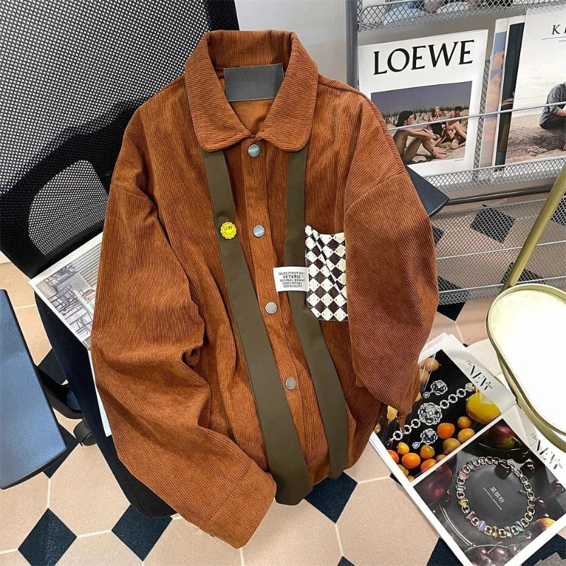 Forqueens Contrasting Spliced Corduroy Jacket Tie Shirt Winter Chic Niche Rugged and Handsome Long Sleeved Top