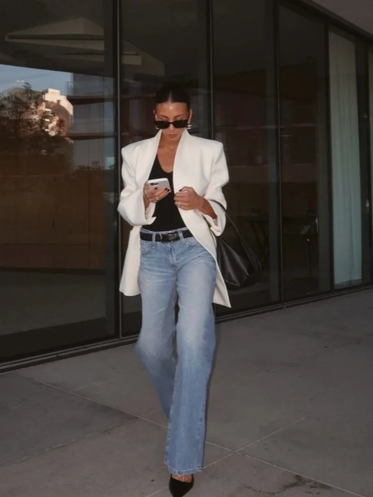 Elegant White Stand Collar Double Pocket Jacket Women Fashion Long Sleeves Cuff Buttons Blazers 2025 Spring Office Lady Outwears