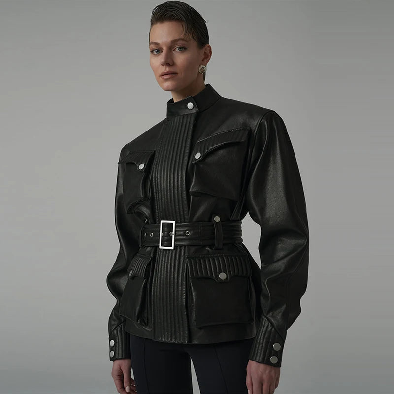 Brown Suede Jacket for Women Fashion Stand Collar Zipper Coat Waist-cinching Pocket Outwear 2025 New Vintage Chic Streetwear