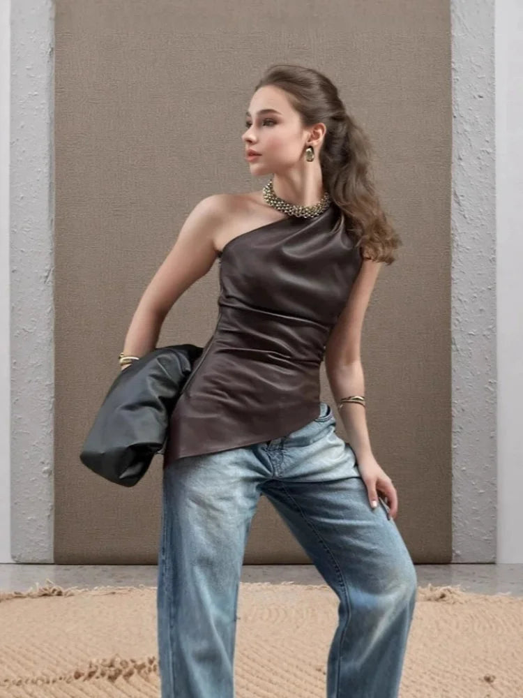 2025 Fall Snd Winter New Pure Color Slim One-shoulder Sleeveless Slanting Collar Zipper Show Thin Jacket