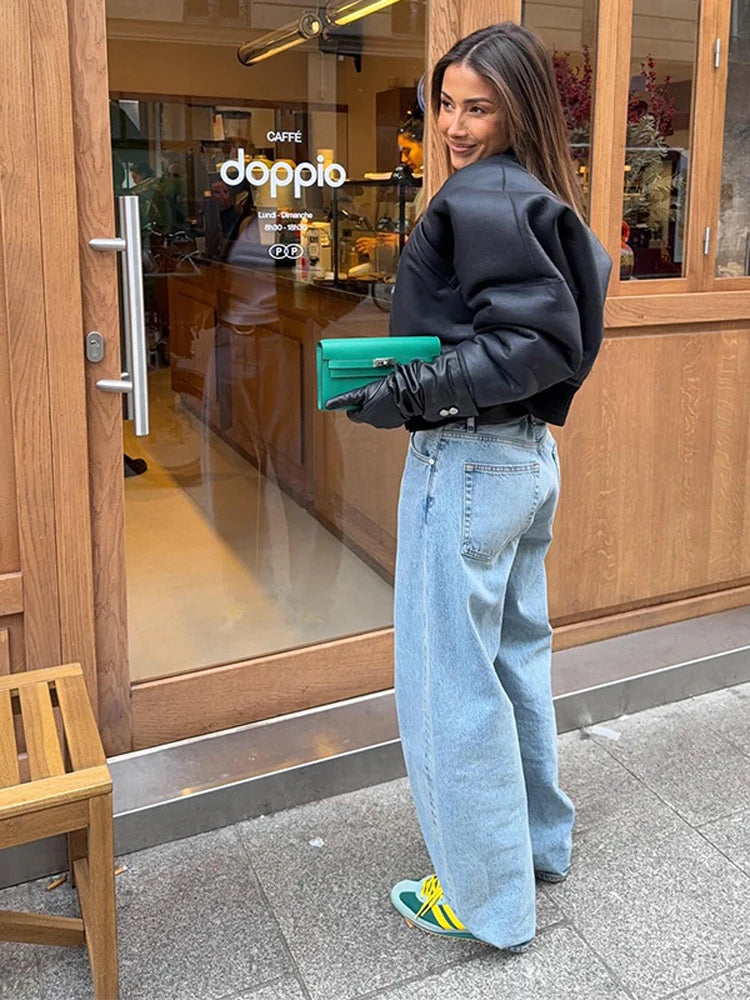 Chic Women's Leather Jacket Loose Bat Sleeve Zipper Coats Fashion Cropped Black Outwear 2025 New Lady Autumn Winter Streetwear