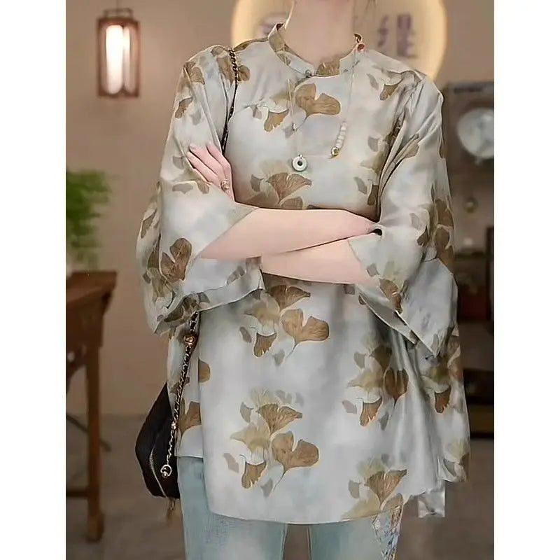 2024 New Women's Summer Retro Stand Up Collar Small Shirt Chinese Loose Imitation Mulberry Silk Top Fashion Light Luxury Shirt
