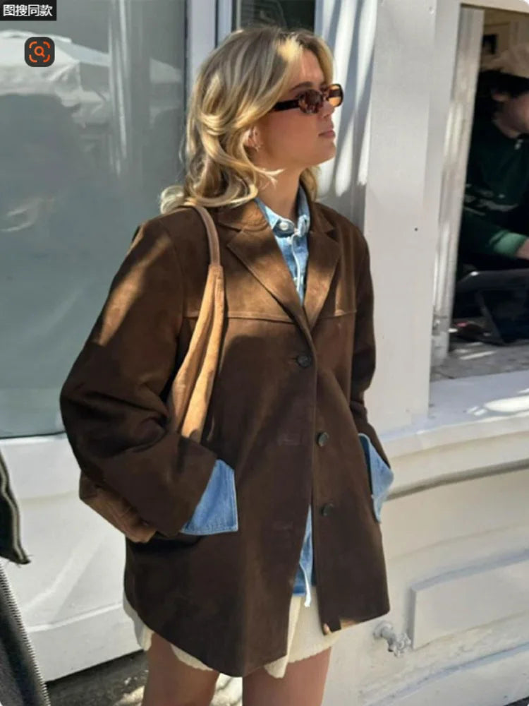 Women's Blazer Suede Jacket Spring 2025 Outerwears Brown Long Sleeve Blazer Vintage Solid Fitted Coats Old Money Jackets