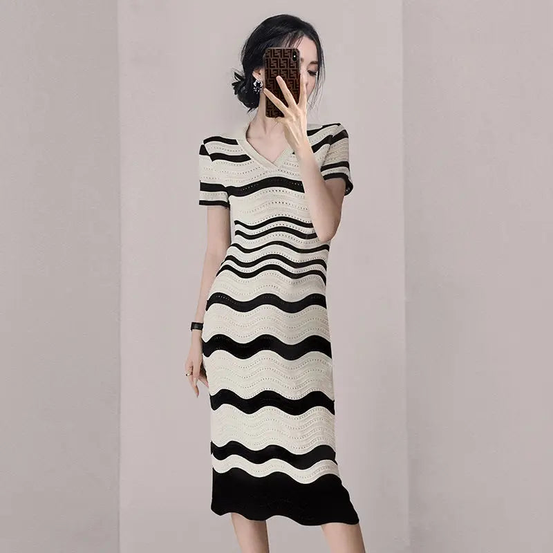 Large Size Women Ice Silk Knitted Dress Women Thin Hollow Fat MM Striped Short Sleeves Over-the-knee Temperament Long Skirt