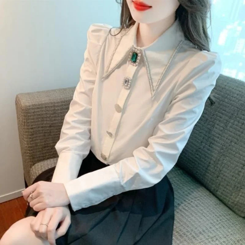 Women Autumn New Polo Collar Shirt Fashion and Elegant Studded with Diamonds Solid Buttons Casual and Versatile Long Sleeve Tops