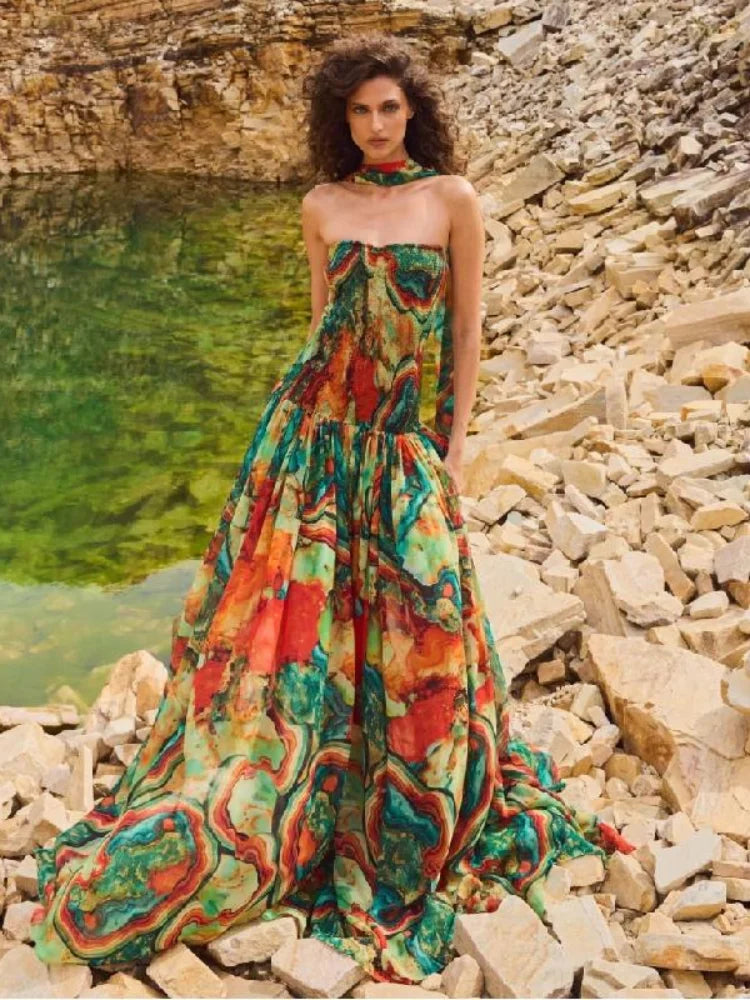 Lady Printed Strapless Dress Elegant Fashionable Colorful Waist Pleated Long Gown Women Summer New Vacation Party Robes 2025