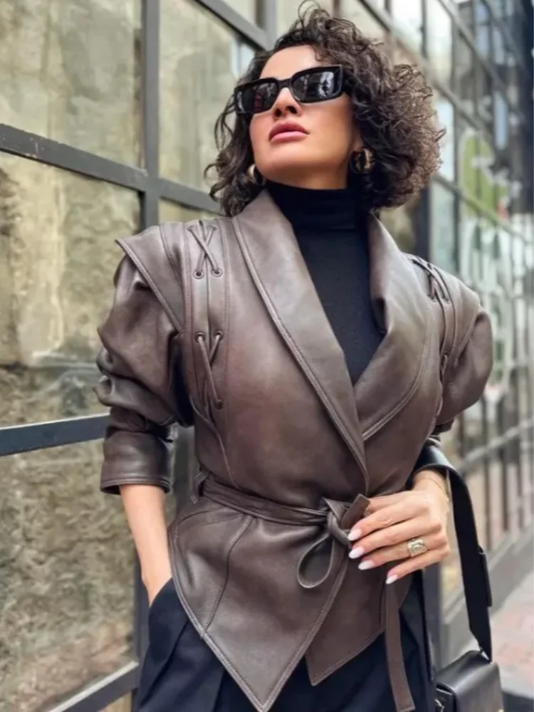 Vintage Pu Leather Biker Jacket For Women Waterproof Long Sleeves Lapel One Button Bandage Lace Up Coat Y2k Spring Autumn Tops