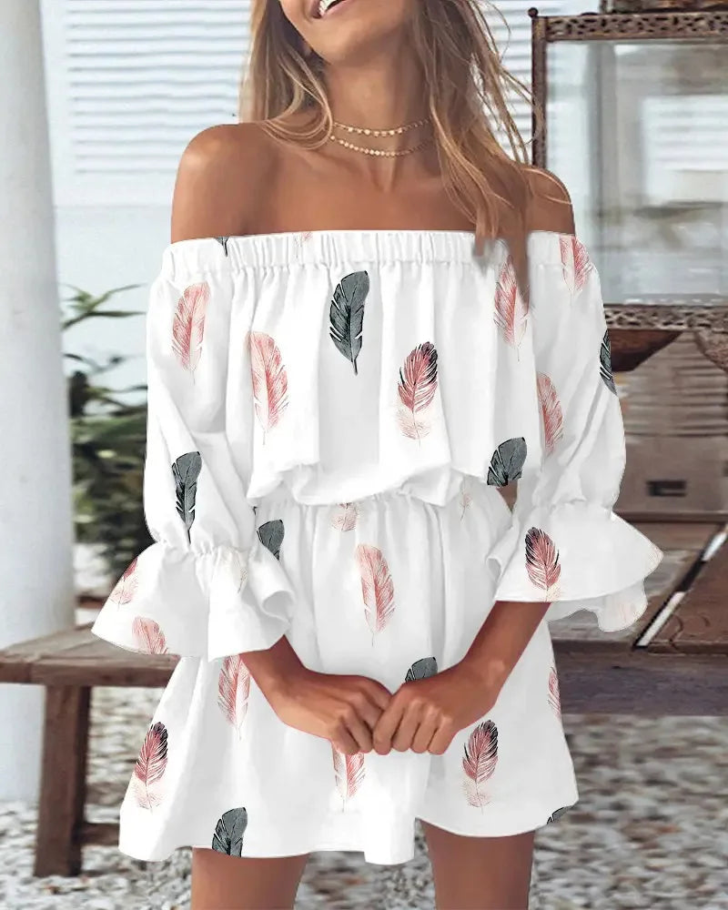 Women Summer Style Mini Dress Lady Casual Slash Neck Half Flare Sleeve Leaf Printed Dress Vestidos